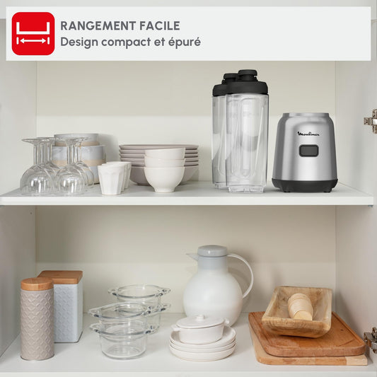 Moulinex Mix & Move Blender mixeur, 300W, Capacité utile 0,6 L, 2 bouteilles à emporter en Tritan, Compact, Ergonomique, Lames amovibles LM15FD10, Métal