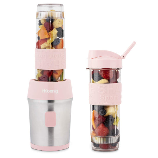 H.Koenig Mini Blender/Smoothie/Mixeur SMOO12 – 570mL, 300W, 4 Lames Inox, Sans BPA, 2 Bouteilles portables avec couvercles de voyage, Rose Pastel