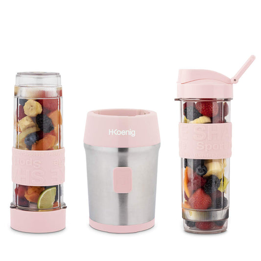 H.Koenig Mini Blender/Smoothie/Mixeur SMOO12 – 570mL, 300W, 4 Lames Inox, Sans BPA, 2 Bouteilles portables avec couvercles de voyage, Rose Pastel