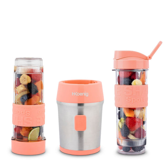 H.Koenig Mini Blender/Smoothie/Mixeur SMOO10 – 570mL, 300W, 4 Lames Inox, Sans BPA, 2 Bouteilles portables avec couvercles de voyage, Pêche Pastel