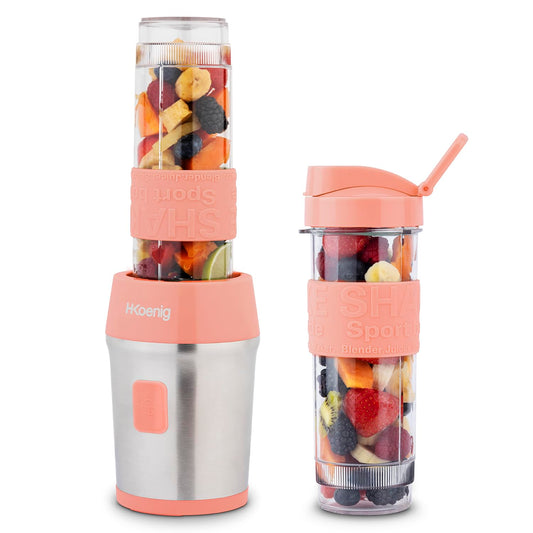 H.Koenig Mini Blender/Smoothie/Mixeur SMOO10 – 570mL, 300W, 4 Lames Inox, Sans BPA, 2 Bouteilles portables avec couvercles de voyage, Pêche Pastel