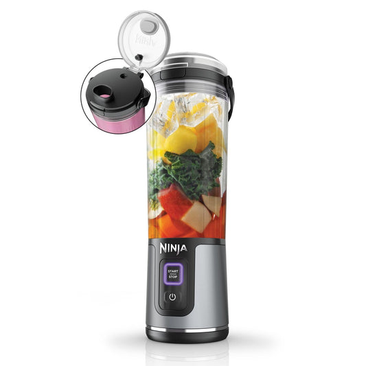 Ninja Blast Blender portable, 530 ml, couvercle résistant aux fuites et bec verseur, mini blender sans fil puissant, rechargeable, smoothies, shakes protéinés, mixe fruits et glaçons, noir, BC151EUBK