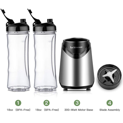 La Rêveuse Mixeur Blender avec 2 Bouteilles BPA-Free Portables de 550ml Mini Blender électrique Multifonctionnel pour Smoothie Milk-shake Fruits,Puissant 300W (Silver)