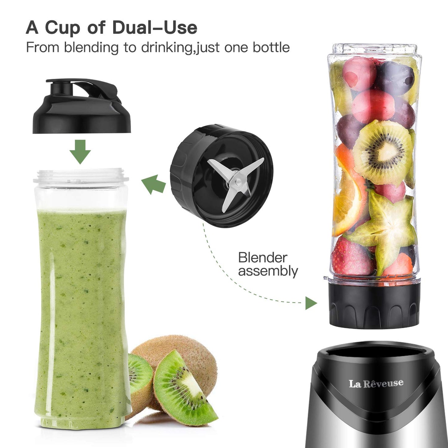 La Rêveuse Mixeur Blender avec 2 Bouteilles BPA-Free Portables de 550ml Mini Blender électrique Multifonctionnel pour Smoothie Milk-shake Fruits,Puissant 300W (Silver)