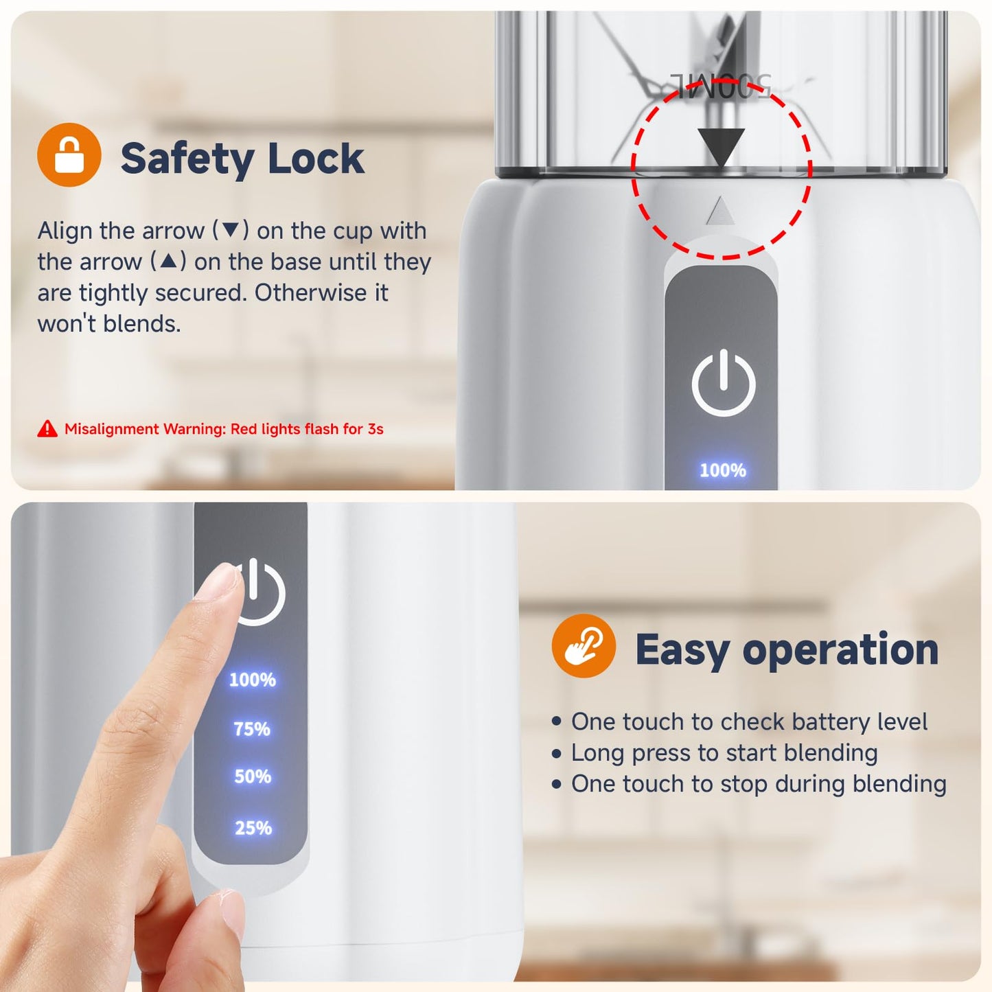 COKUNST Mixeur Portable pour Shakes et Smoothies, 22000 TR/min Puissant avec 6 Lames, 500 ml Mini Blender avec Couvercle de Voyage pour Cuisine, Salle de Sport, Bureau