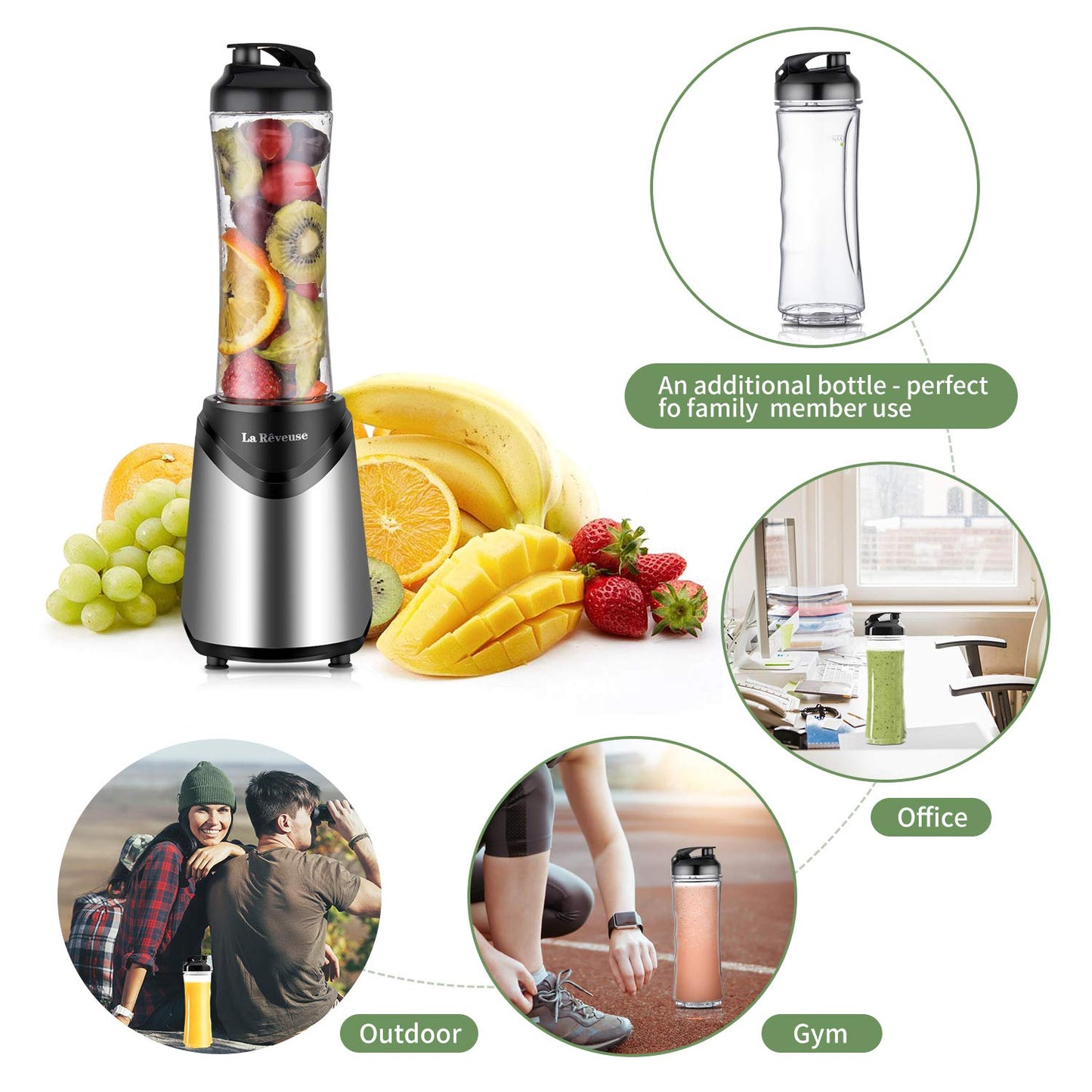 La Rêveuse Mixeur Blender avec 2 Bouteilles BPA-Free Portables de 550ml Mini Blender électrique Multifonctionnel pour Smoothie Milk-shake Fruits,Puissant 300W (Silver)