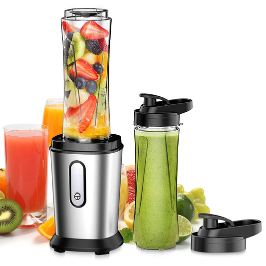 Mixeur 500 W Mini blender & smoothie maker avec 2 bouteilles de 600 ml Tritan Sans BPA, portable en acier inoxydable 4 feuilles