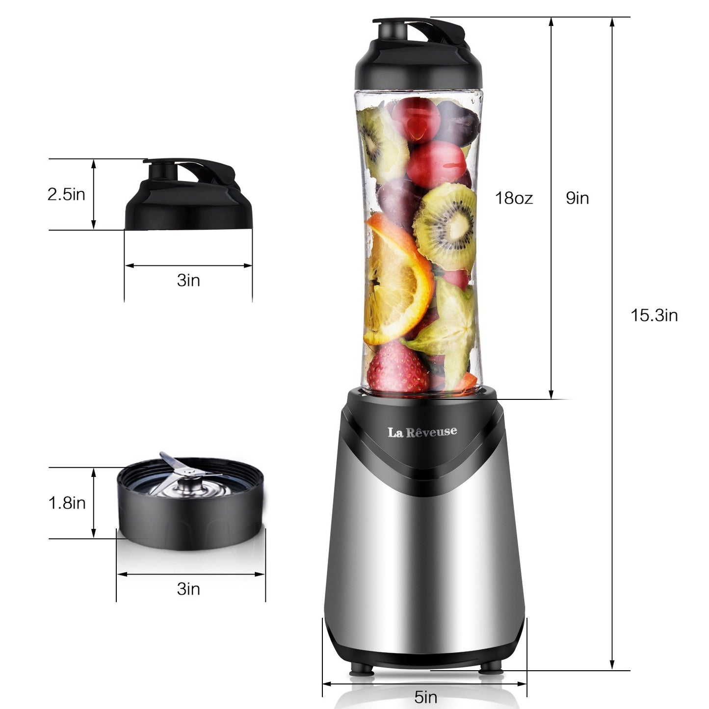La Rêveuse Mixeur Blender avec 2 Bouteilles BPA-Free Portables de 550ml Mini Blender électrique Multifonctionnel pour Smoothie Milk-shake Fruits,Puissant 300W (Silver)