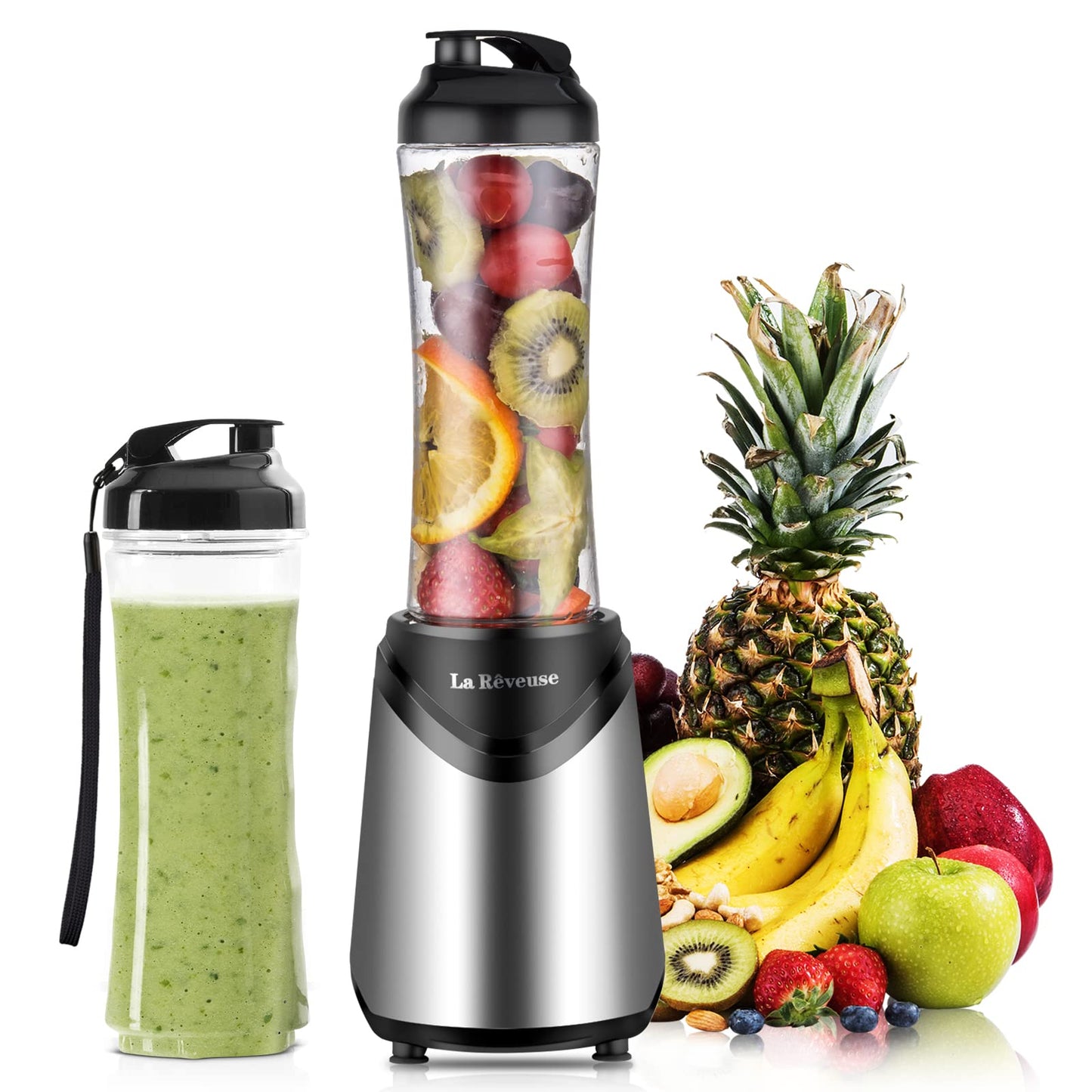 La Rêveuse Mixeur Blender avec 2 Bouteilles BPA-Free Portables de 550ml Mini Blender électrique Multifonctionnel pour Smoothie Milk-shake Fruits,Puissant 300W (Silver)