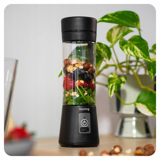 Huslog Blender Portable Sans Fil 180W, 470ml, 6 Lames Inox, Rechargeable USB-C/USB-A, Verrouillage de sécurité, Compact avec Poignée, Mixeur Smoothie pour Fruits, Glace, Shakes Protéinés, Noir